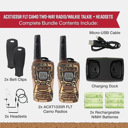 Cobra ACXT1035R FLT CAMO Floating and Waterproof Walkie Talkies for Adults with Compatible Cobra Surveillance Headset: Rechargeable, 22 Channels, Long-Range, 2 Two-Way Radios, 2 Headsets