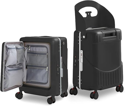 20 Inch Ride on Luggage With Seat For Kids&Adults,with Front Pocket, Foldable Seat Back TSA Approved Lock, 360° Spinner Wheels (20 inch,Black)