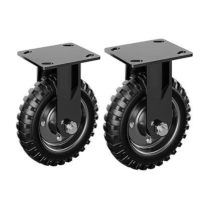 6 Inch Caster Wheels Set of 2 (2 Fixed), 660lb Total Capacity, Heavy Duty Plate Casters with Solid Rubber Knobby Tread for Workbench, Cart, Dolly, Trolley, Wagon, and Outdoor Use