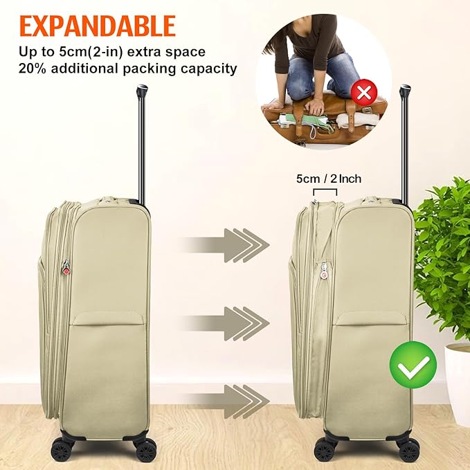 Verdi Luggage Set 3-Piece Suitcase with Spinner Wheel Softside Expandable, Carry On Luggage with USB Port (Khaki, 3-Piece set(20/24/28))