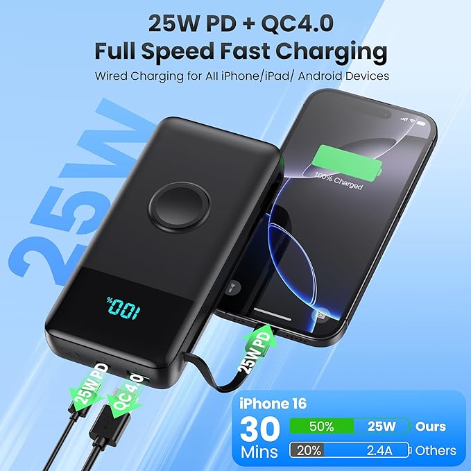 Portable Charger 40800mAh for iPhone with Built-in Cable and iWatch Charger, 25W PD Fast Charging USB C Power Bank,Travel Camping Essentials Battery Pack for iPhone 17/16/15/14/13,Android,Apple Watch