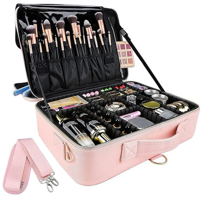 gzcz Large Capacity Travel Makeup Case Organizer,Professional Cosmetic Bags for Women,Waterproof PU Leather Makeup Bag with Adjustable Dividers and Shoulder Strap for Brushes and Jewelry