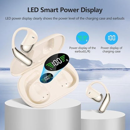 Open Ear Clip Wireless Earbuds Bone Conduction Headphones, Bluetooth 5.4, Open Ear Design, Built-in Mic, IPX7 Waterproof, LED Display Charging Case,Ear Hooks Ear Buds for Fitness/Travel/Gym/Running