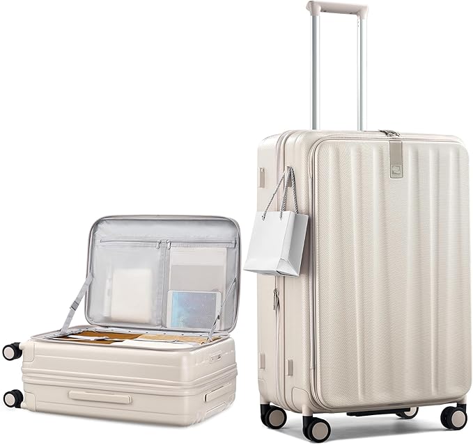 Hanke 26 Inch Expandable Luggage Top Opening Checked Bag Luggage Hard Shell Suitcases with Wheels Lightweight Travel Luggage Heavy Duty Luggage Suitcase with Lock for Woman Men-Ivory White