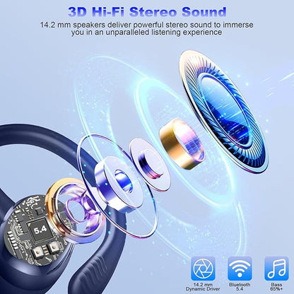 Wireless Earbuds Sport, New Bluetooth 5.4 Headphones with Earhooks, 50H Stereo Deep Bass Over Ear Buds with 4 ENC Noise Canceling Mics, IP7 Waterproof Earphones for Running Workout Gym -Blue
