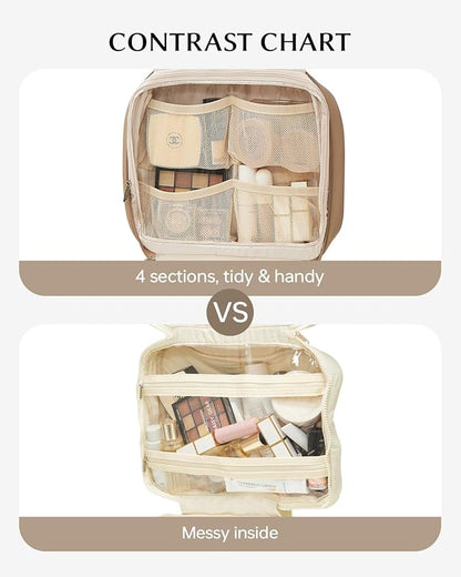 EACHY Toiletry Bag with Hanging Hook, Travel Makeup Bag PU Leather Cosmetic Bags for Women Make Up Organizer with 4 Compartments Waterproof Full-Size Portable Travel Essentials (Etoupe Grey-Pro)