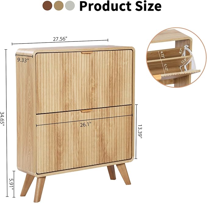 RARZOE Set of 2 Fluted Shoe Storage Cabinets for Entryway, Narrow Curved Shoe Cabinet with 2 Flip Drawers, Freestanding Wood Hidden Shoe Organizer Closed Shoe Rack Cabinet for Foyer,Hallway (Natural)