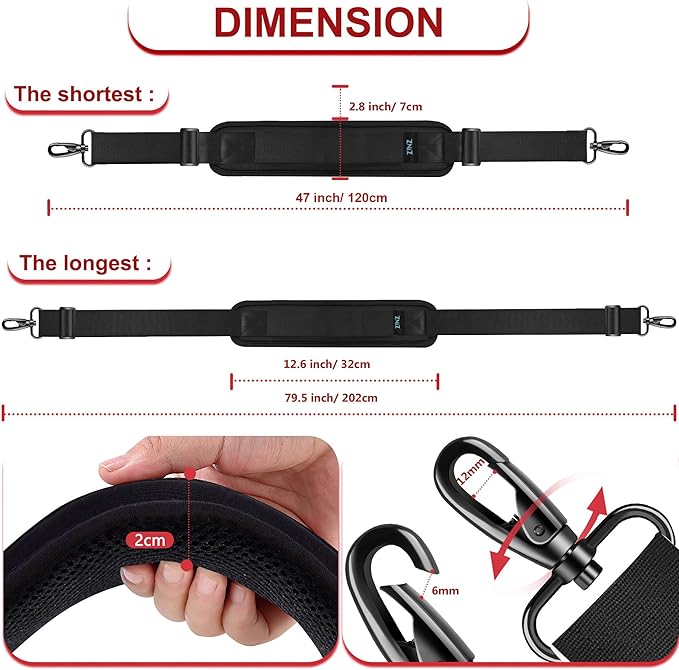 ZINZ 79.5" Universal Bag Strap with Ultra-Thick Fixed Breathable Pad Adjustable Heavy-Duty Shoulder Strap for Laptop Bag Crossbody Luggage Gym Bag Camera Bag and More -B01K01