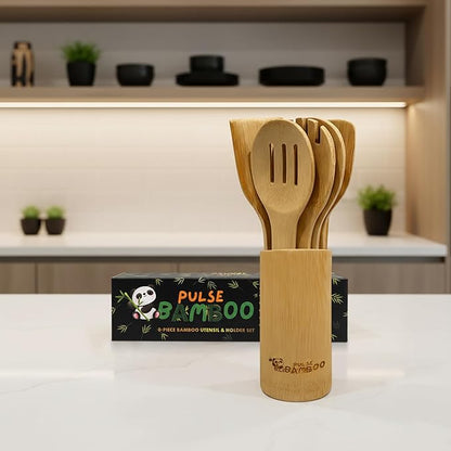8-Piece Bamboo Utensil Set with Holder, Premium Non-Scratch Bamboo Cooking Utensils for Nonstick Cookware, Water-Resistant, BPA-Free, Eco-Friendly Kitchen Tools