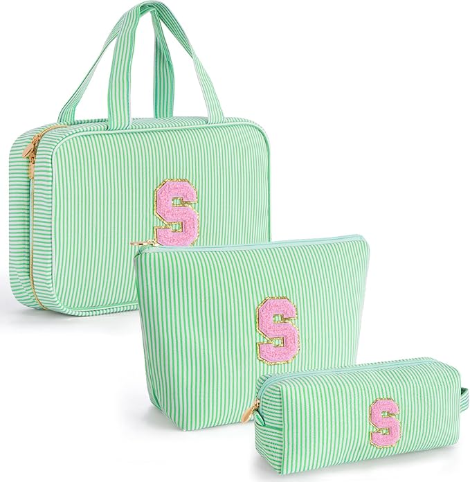 Cute Toiletry Bag Makeup Bag for Women & Girls - Cosmetic Bag | Initial Make Up Bag | Personalized Gift for Women/Her | Bridal Shower & Mother's Day Gift - Green S