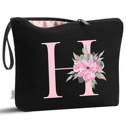 Vavabox A-Z Personalized Makeup Bag, Birthday Gifts for Women Mom, Gifts for Best Friend, Bride Bridesmaid Cosmetic bag (H, Black)