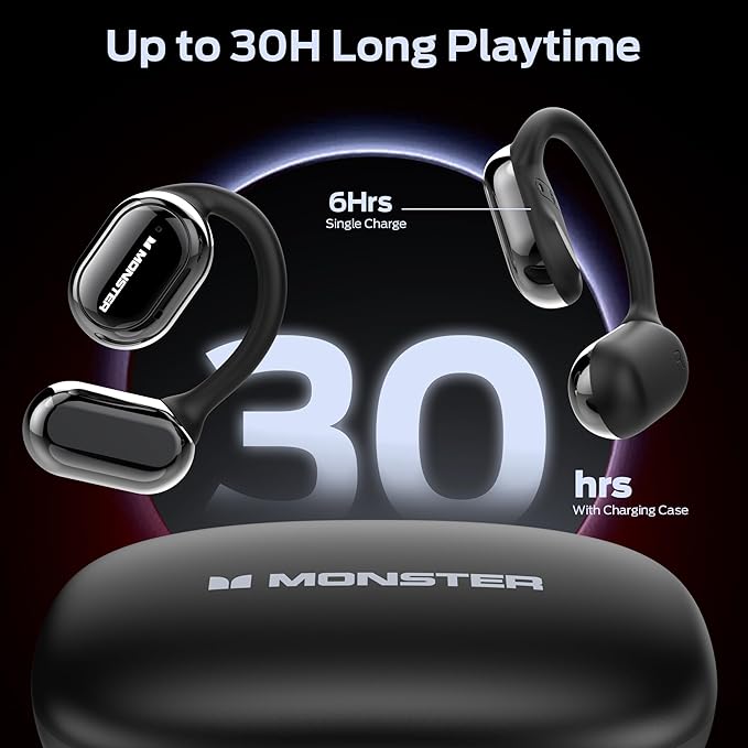 Monster Open Free AC100 Open Ear Bluetooth 5.3 Headphones, Wireless Earbuds with Earhooks, Immersive Stereo Sound by 16mm Large Driver, Clear Calls, 30H Playtime, for Workout