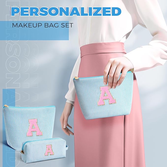 Makeup Bag Set Initials Cosmetic Bag,Gifts for 10 11 12 13 14 15 16 17 18 Years Old Girl Girlfriend Teen Girls Gift Trendy Stuff Personalized Toiletry Bag Travel - Blue,A