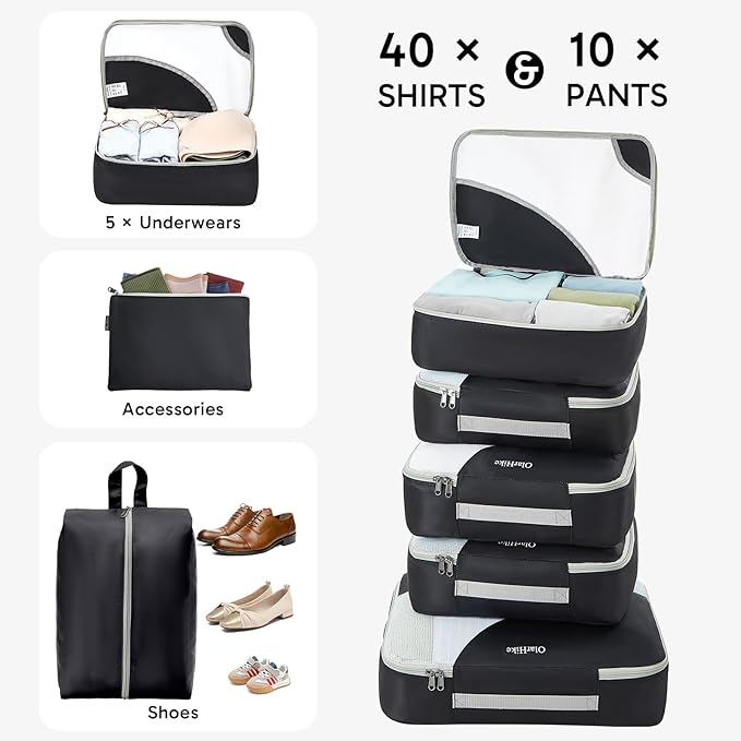 ALL INCLUDED 10 Set Durable Packing Cubes for Suitcases,OlarHike Essentials for Travel,UPGRADED Anti-Tear Stitching, NEW Improved Luggage Packing Organizers for Travel Accessories (Black)