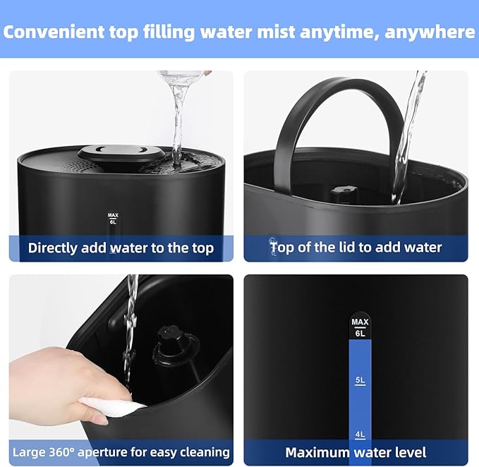 6L Humidifiers for Bedroom Large Room Home, Cool and Warm Humidifier for Plants Mist Top Fill Desk Humidifiers Essential Oil Diffuser, Quiet Humidifier with Adjustable Mist,360°Nozzle-Midnight Black