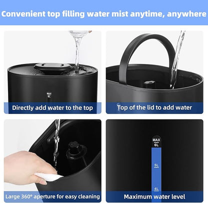 6L Humidifiers for Bedroom Large Room Home, Cool and Warm Humidifier for Plants Mist Top Fill Desk Humidifiers Essential Oil Diffuser, Quiet Humidifier with Adjustable Mist,360°Nozzle-Midnight Black