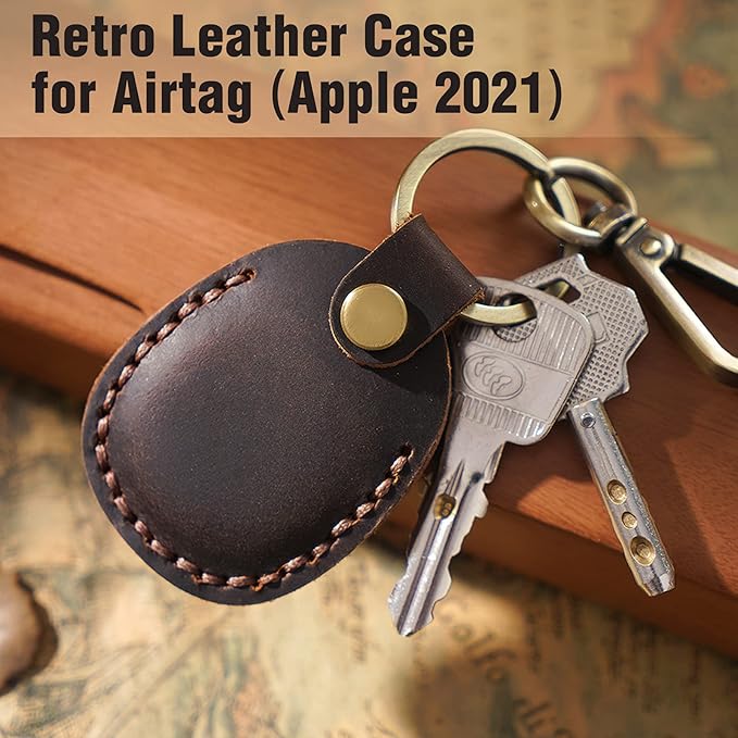 Genuine Leather Airtag Holder, Portable Air Tag Keychain with Key Rings Full Coverage Air Tags Hidden Case Cover Compatible for AirTags Dark Brown