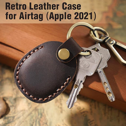 Genuine Leather Airtag Holder, Portable Air Tag Keychain with Key Rings Full Coverage Air Tags Hidden Case Cover Compatible for AirTags Dark Brown