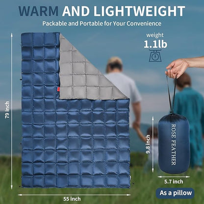 Down Camping Blanket - Lightweight, Packable, Warm & Puffy Outdoor Travel Quilt for Sleep, Hiking, Backpacking, Stadium, Festivals, Water-Resistant Sleeping Bag 55"x79"