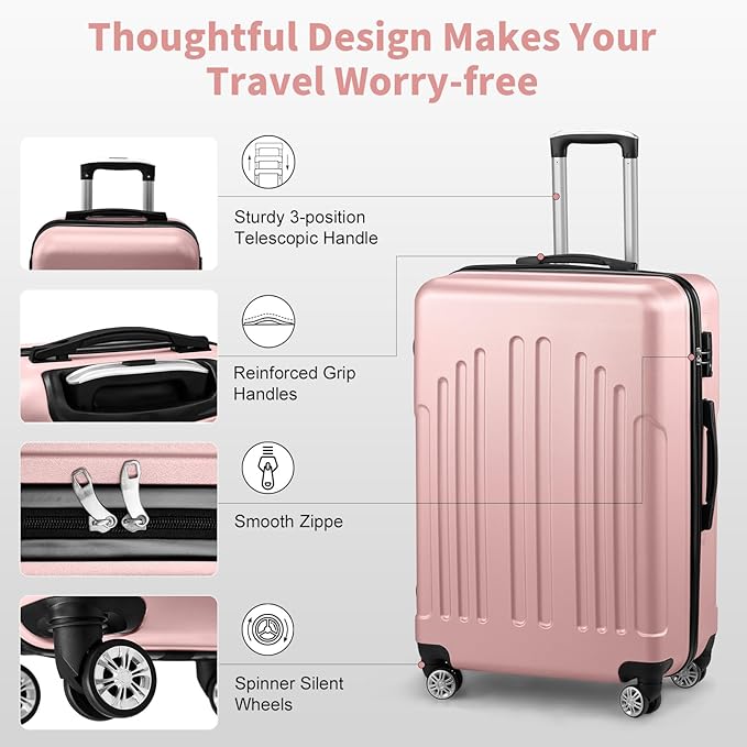 Karl home Carry On Luggage 22x14x9 Airline Approved, ABS Hardshell Suitcase with TSA Lock & Spinner Wheels, Durable Small Suitcase Rolling Luggage for Business Travel, Pink