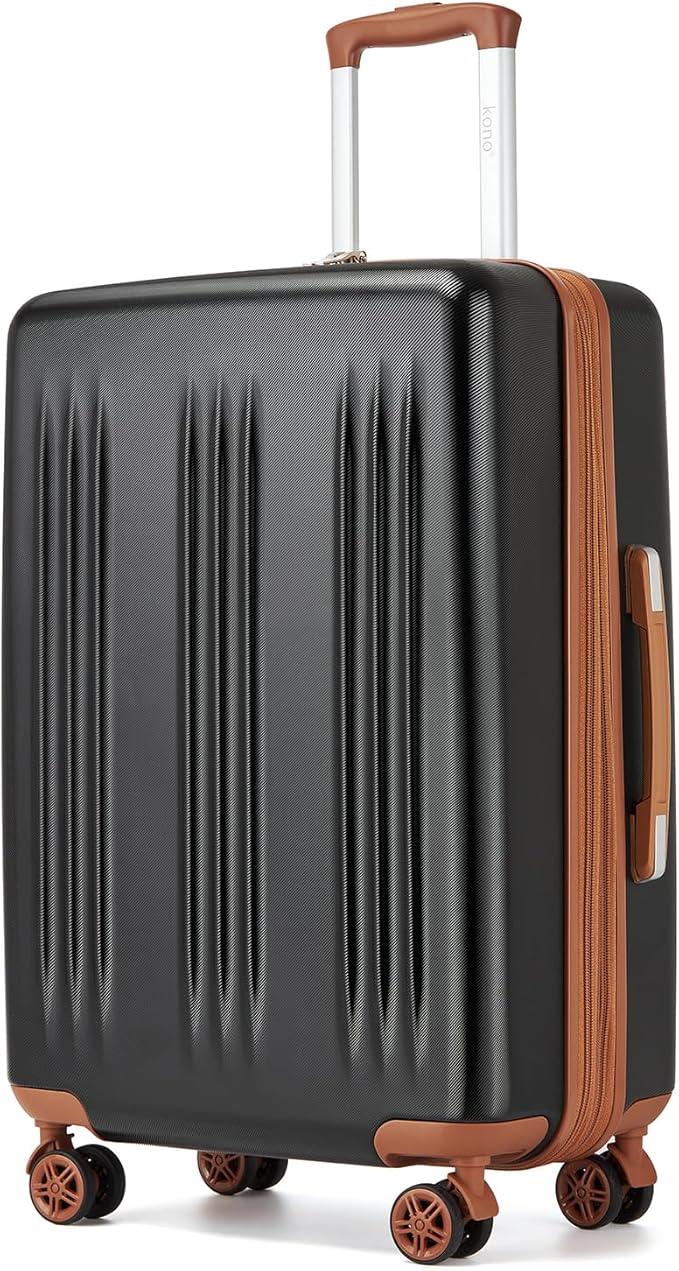 Kono Lightweight 24 Inch Expandable Luggage with Quiet Spinner Wheels TSA Lock, Scratch and Drop Resistant PC+ABS Hardside Durable Medium Checked Suitcase, Black & Brown