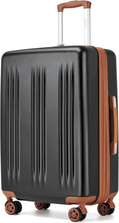 Kono Lightweight 24 Inch Expandable Luggage with Quiet Spinner Wheels TSA Lock, Scratch and Drop Resistant PC+ABS Hardside Durable Medium Checked Suitcase, Black & Brown