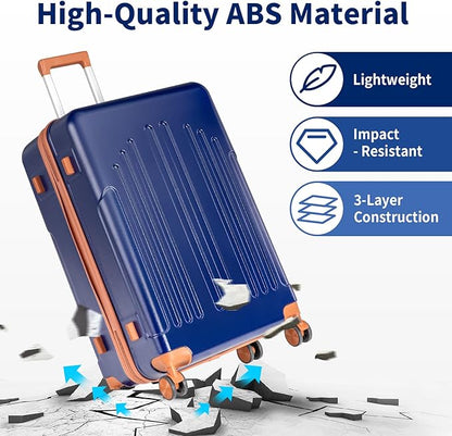 Karl home 24in Checked Luggage with TSA Lock, ABS Hardshell Check-in Suitcase with Spinner Wheels, Durable Medium Suitcase Rolling Luggage for Business Travel, Navy Blue & Brown