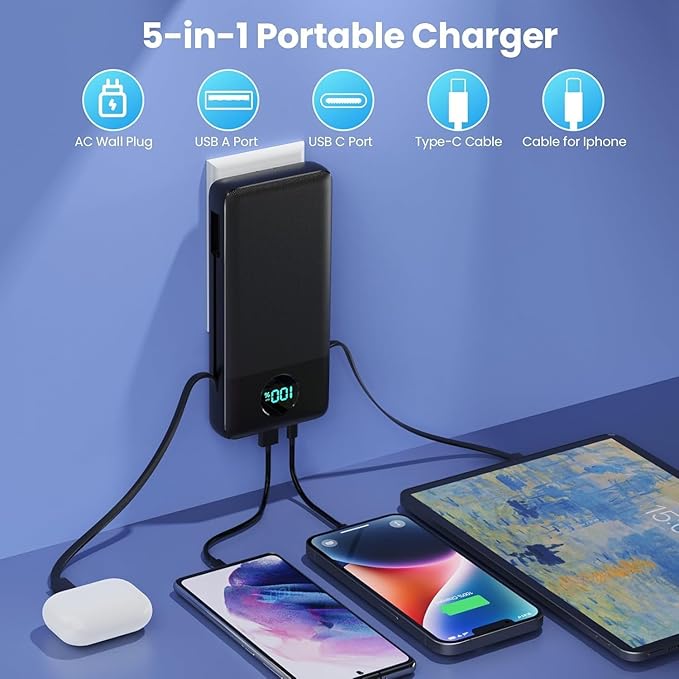 Portable Charger USB C Power Bank with 2 Built in Cables & AC Wall Plug,13800mAh Portable Battery Pack Fast Charging Compact LED Display Universal Compatible with iPhone 17/16,Galaxy S23,Tablets etc