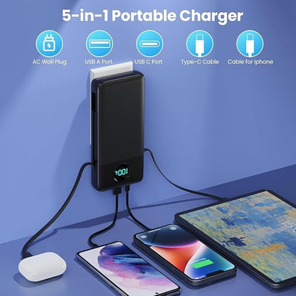 Portable Charger USB C Power Bank with 2 Built in Cables & AC Wall Plug,13800mAh Portable Battery Pack Fast Charging Compact LED Display Universal Compatible with iPhone 17/16,Galaxy S23,Tablets etc
