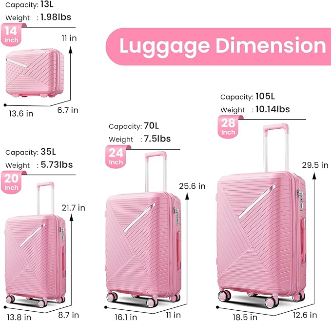 Merax Luggage 4 Piece Set Hardside Expandable Suitcase Set with Case,Travel Luggagewith Spinner Wheels,Airplane Approved Carry On Luggage Sets,Pink1,14/20/24/28
