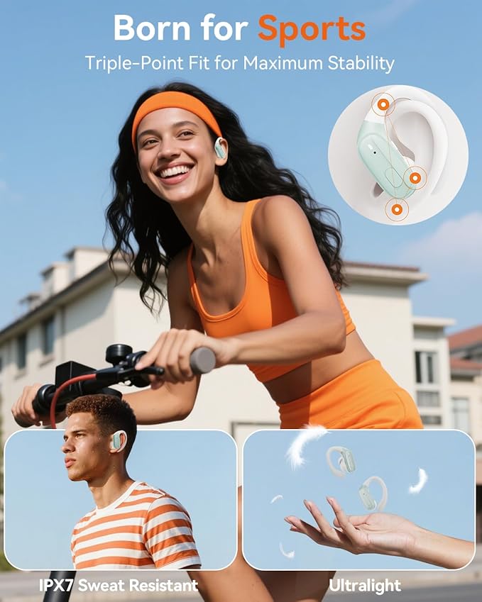 Wireless Earbuds, Sports Bluetooth Headphones, Ear Buds with ENC Noise Canceling Mic, 50Hr Playtime Earphones, Palm-Sized, LED Power Display, IPX7 Waterproof Headset for Workout Running, Green