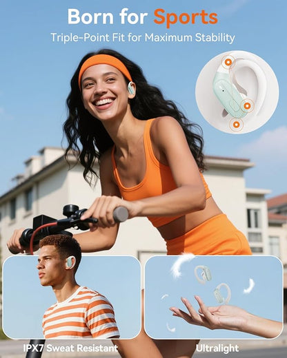 Wireless Earbuds, Sports Bluetooth Headphones, Ear Buds with ENC Noise Canceling Mic, 50Hr Playtime Earphones, Palm-Sized, LED Power Display, IPX7 Waterproof Headset for Workout Running, Green
