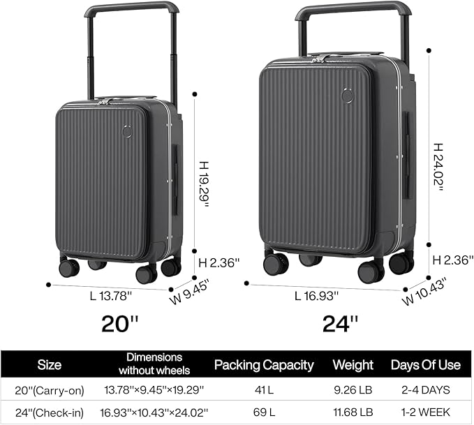 mixi Carry On Luggage 20'' Suitcase with Front Laptop Pocket, Wide Handle Rolling Travel Suitcases PC Hardshell with Aluminum Frame Spinner Wheels & TSA Lock, Carry-On Luggage(Rock Grey)