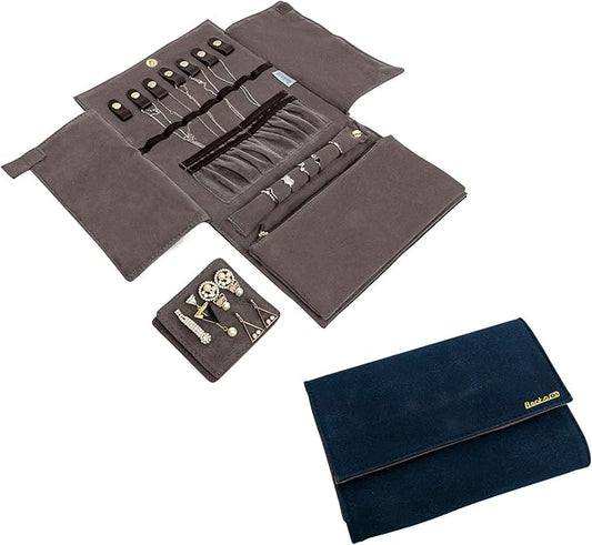 Becko US Jewelry Organizer Roll Travel Jewel Bag case for Multiple Necklaces, Rings, Bracelets, Supple Leather & Suede, Large Capacity Without Crease, Lightweight, Portable & Practical (Dark Blue)
