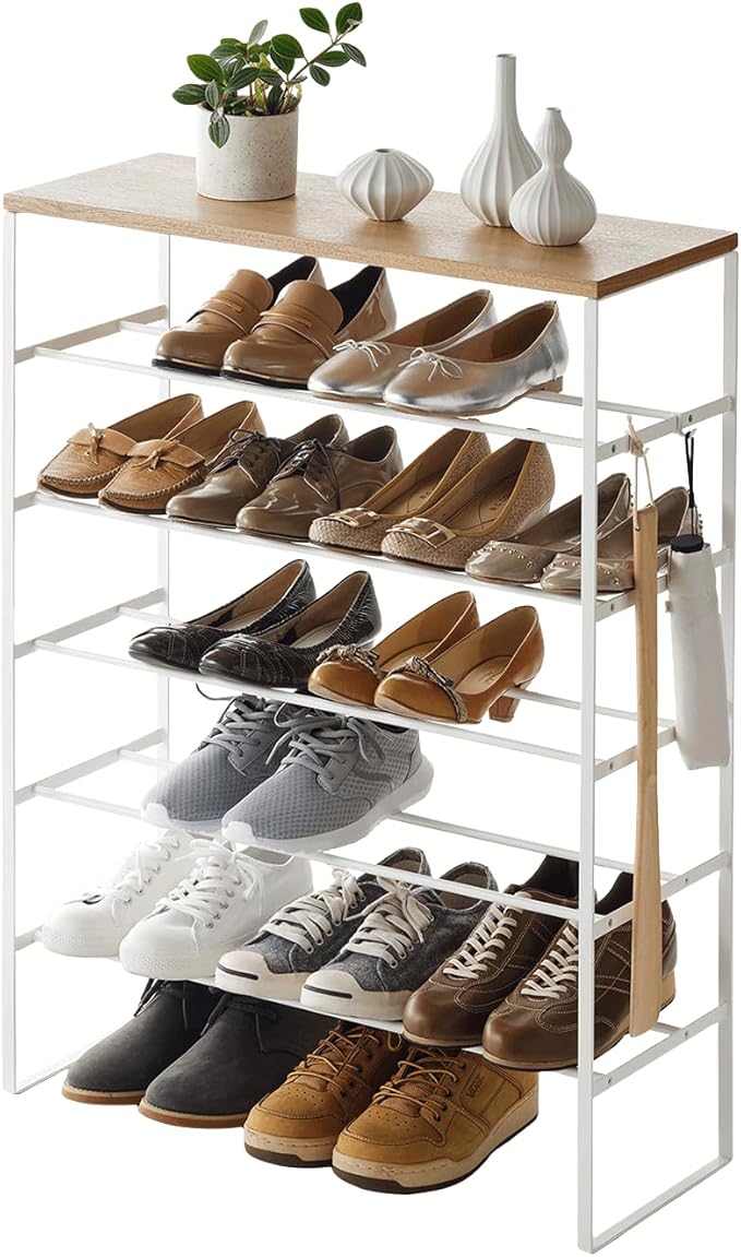 YAMAZAKI Home Six-Tier Shoe Organizer – Tall Slim Shoe Rack for Entryway Or Closet, Narrow Metal Shoe Storage with Wooden Top, Steel, White, Easy Assembly, 34" - Steel - Holds 18 to 21 Shoe