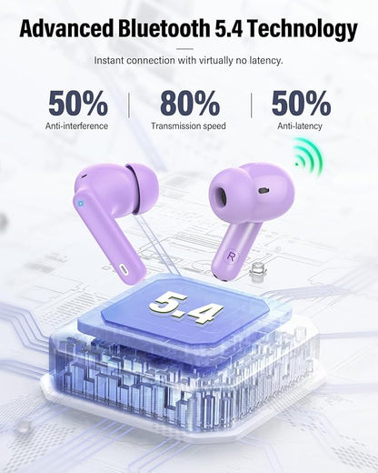 Wireless Earbuds, Bluetooth 5.4 Headphones Bass Stereo, Ear Buds with Noise Cancelling Mic, LED Display in Ear Earphones Clear Calls, IP7 Waterproof Bluetooth Earbuds for Laptop/Phones/Sports, Purple