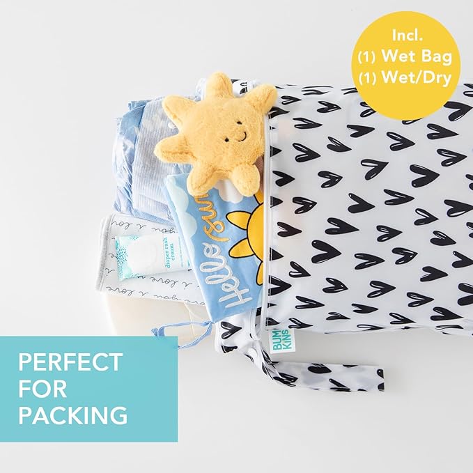 Bumkins - Waterproof Wet and Wetdry Bags - For Beach, Baby, Travel, Swim Suit, Cloth Diapers, Pump Parts, Pool, Gym, Toiletries - Reusable & Easy to Clean - Black Hearts - 2 Pack