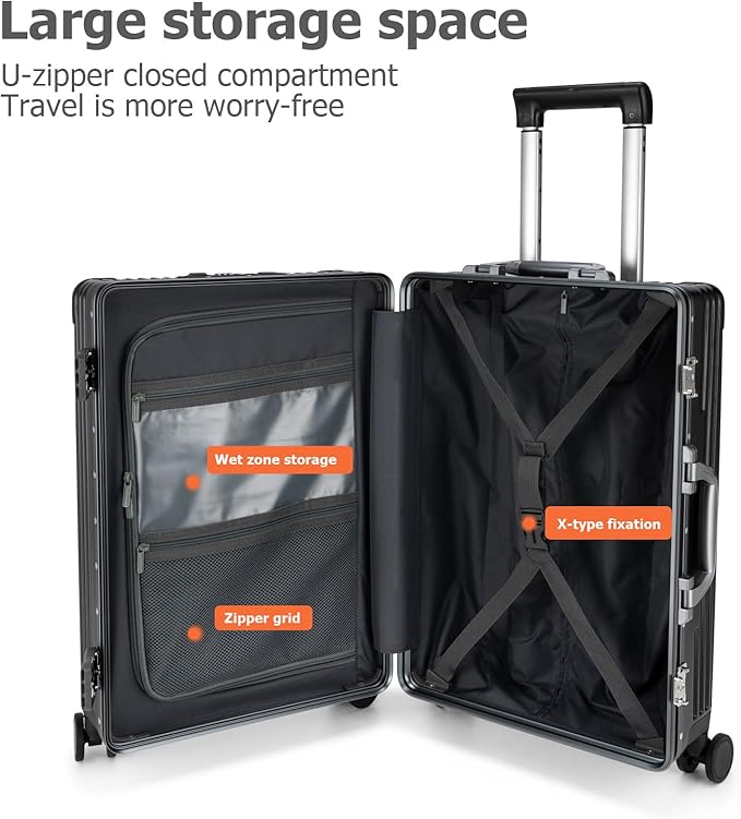 feilario 24in Aluminium Frame Zipperless PC Hard Shell Spinner Wheels Luggage, Built-In TSA lock Carry on Suitcase, with Cup Holder, USB Port, Phone Holder