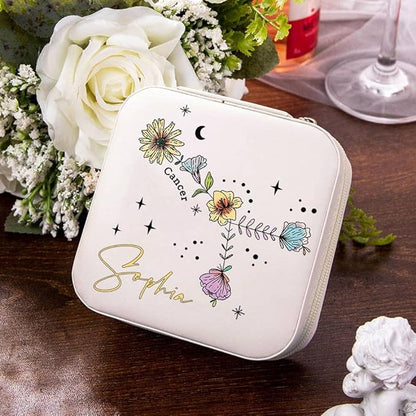 NICEDREAM Personalized Floral Constellation Jewelry Box Custom Name 12 Constellations Travel Jewelry Case Organizer Box for Earrings Rings Necklaces Gift for Women Girls