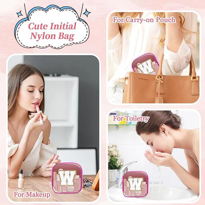 Mini Clear Personalized Initial Makeup Bag, Small Preppy A-Z Chenille Letter Patch Cosmetic Pouch, Transparent PVC & Nylon Waterproof Zip Beach Toiletry Bag,Gift for Women Girls(Hot Pink-White W)