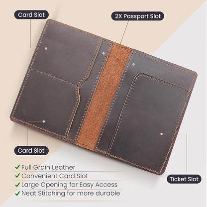 Leather Passport Holder with Travel Wallet, Genuine Leather Passport Cover- Passport Wallet, Leather Folding Wallet for Passports (Straight Cut, Dark Brown)