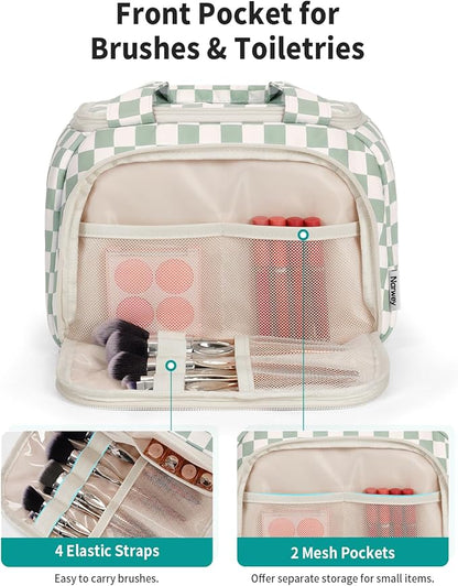 Narwey Large Travel Toiletry Bag, Wide-open Travel Bag for Toiletries, Toiletry Bags for Traveling Women, Cosmetic Make Up Makeup Bag Organizer with Wet Pocket, Skincare Bag (Mint Green Checkerboard)
