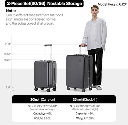 mixi 2-Piece Luggage Sets with Cup Phone Holder and Charger Hard Shell Suitcases with Spinner Wheels, 20+26 Rock Gray