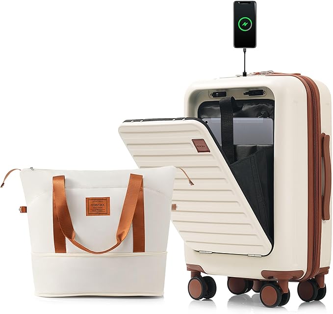 Merax Front Opening 20-Inch Carry-On Luggage with Expandable Travel Bag Set, ABS Hard Shell Two-piece Suitcase Set with USB Port, Cup Holder, ABS+Ivory