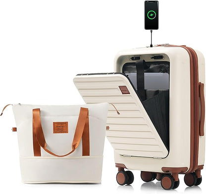 Merax Front Opening 20-Inch Carry-On Luggage with Expandable Travel Bag Set, ABS Hard Shell Two-piece Suitcase Set with USB Port, Cup Holder, ABS+Ivory