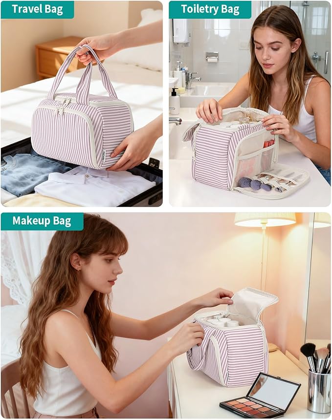 Narwey Large Travel Toiletry Bag, Wide-open Travel Bag for Toiletries, Toiletry Bags for Traveling Women, Cosmetic Make Up Makeup Bag Organizer with Wet Pocket, Shower Skincare Bag (Dusty Pink Stripe)