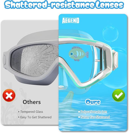 Aegend Snorkeling Gear for Adults Youth Kids, Dry Snorkel Set Panoramic View Enhanced Anti-Leak and Anti-Fog Technology, Adjustable Strap for Snorkeling Scuba Diving Swimming with Mesh Bag