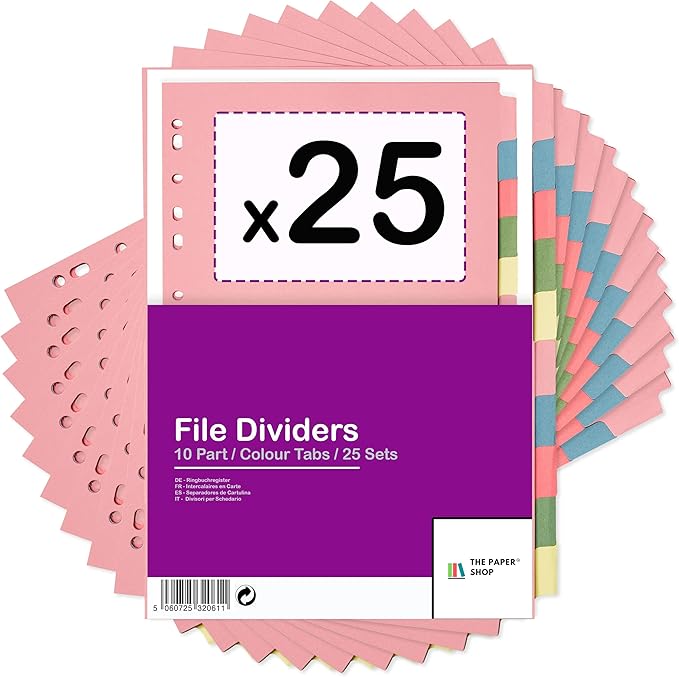 [25 Pack] Binder Dividers with Tabs A4 10 Part - DIviders for 3 Ring Binder, Perfect for Organizing Pages in 3 Ring Binder Dividers with tabs, Each Set Includes Tab Dividers - The Paper Shop (25)