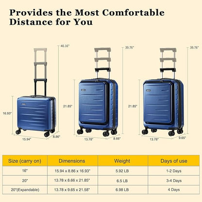 16 Inch Carry On Luggage Airline Approved, Expandable Lightweight ABS+PC Hard Shell Suitcases with 360° Spinner Wheels, TSA Lock, YKK Zippers (Navy Blue, 1 PC)