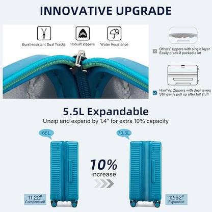 Hard Shell Suitcases Travel Expandable Luggage, 24 Inch Check in Luggage with Spinner Wheels Cup Holder Charger Built in, Checked Medium Suitcase Lightweight Suitcases, Caribbean Blue